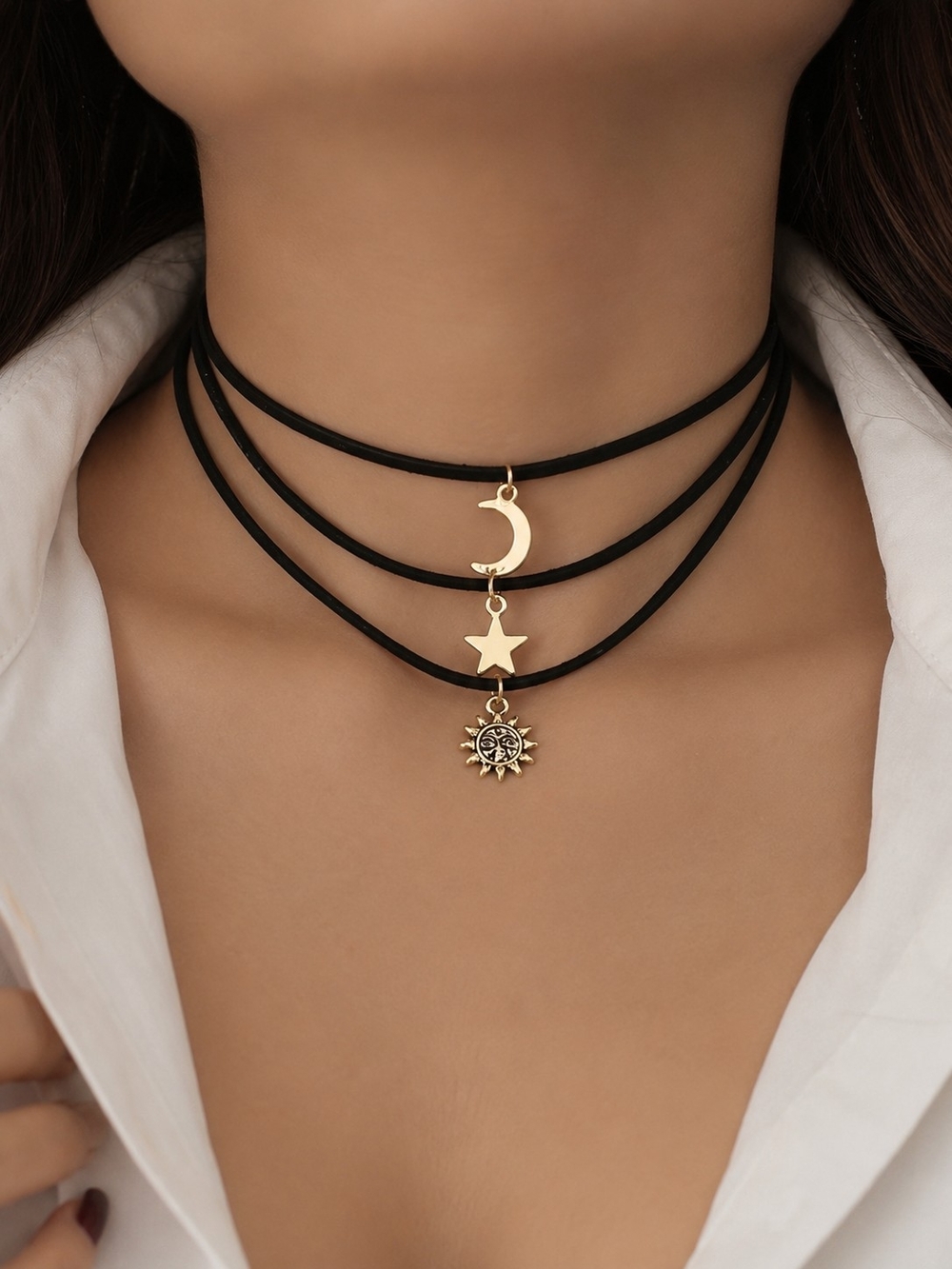 3 bundles for $25 Gold Moon Star Sun Layered Choker Necklace Set of New